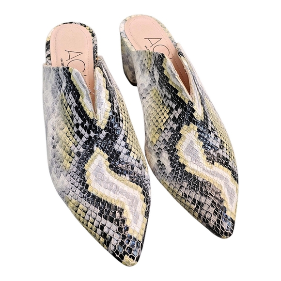 AGL Leather Snakeskin Pointed Toe Mules Size 7.5 Green & Gray Designer Luxury - Picture 4 of 15